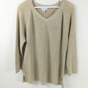 Liz Claiborne V-Neck Sweater Women Size XL Gold Shimmer Long Sleeve Knit Popover